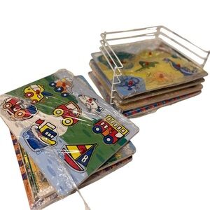 Colorful wooden Kids Puzzle Set. Six pices pulse one bonus with puzzle holder
